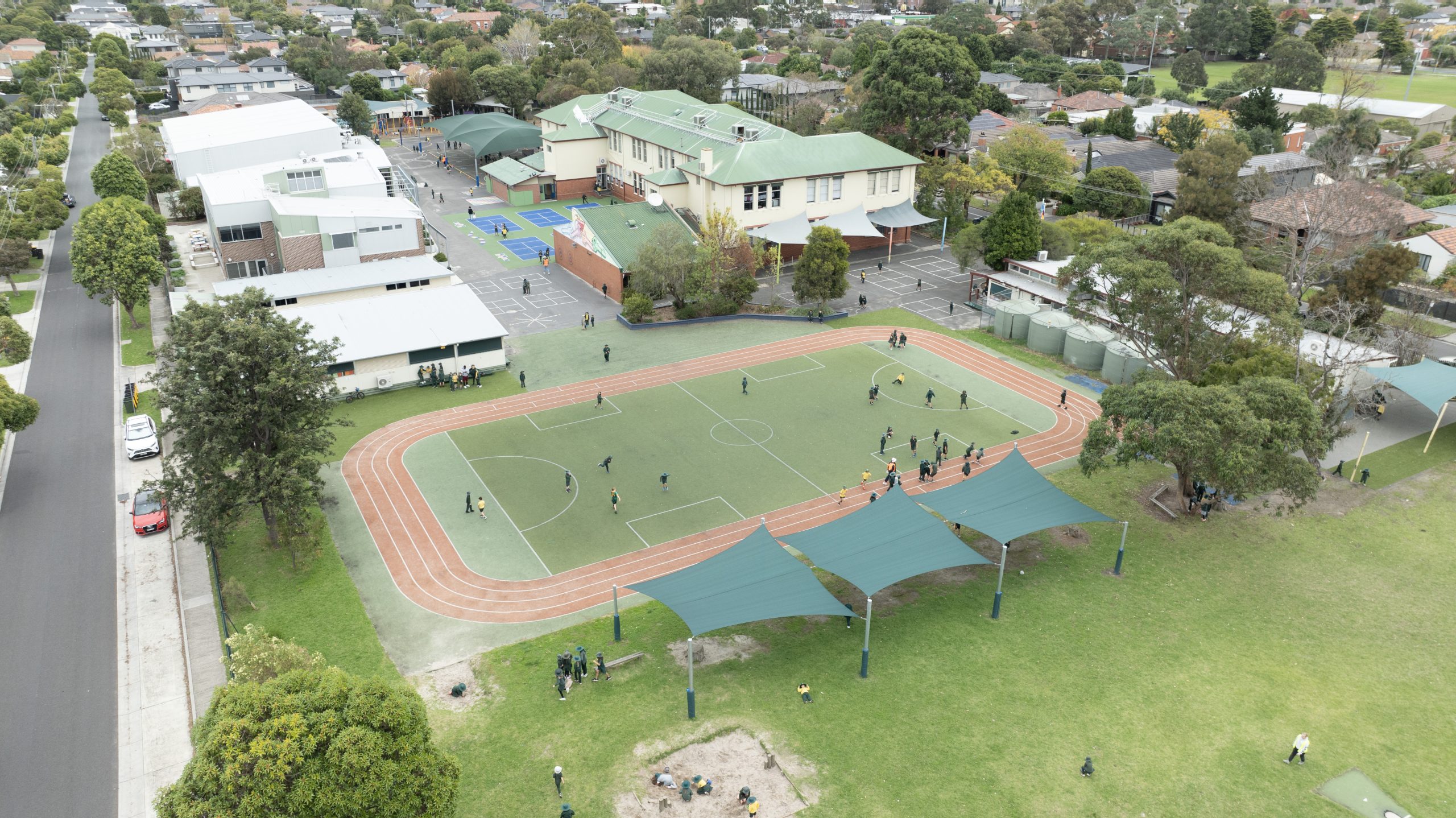 A school running track and soccer pitch